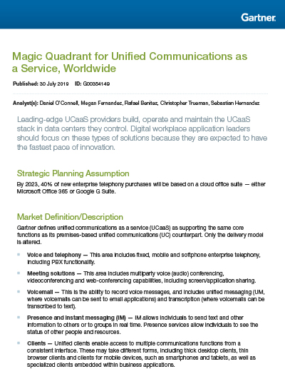 Magic Quadrant for Unified Communications as a Service, Worldwide